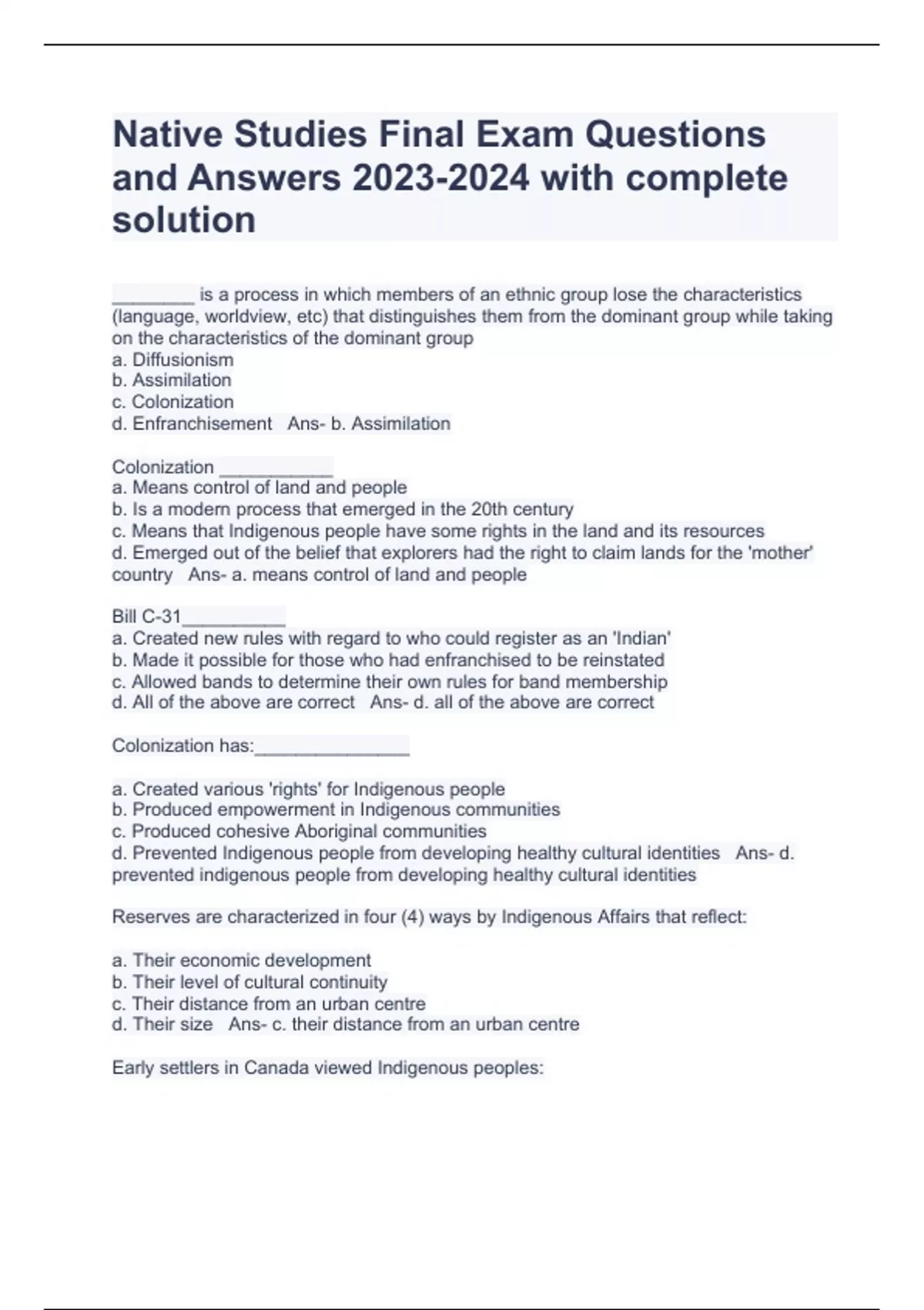 Native Studies Final Exam Questions and Answers with complete solution ...