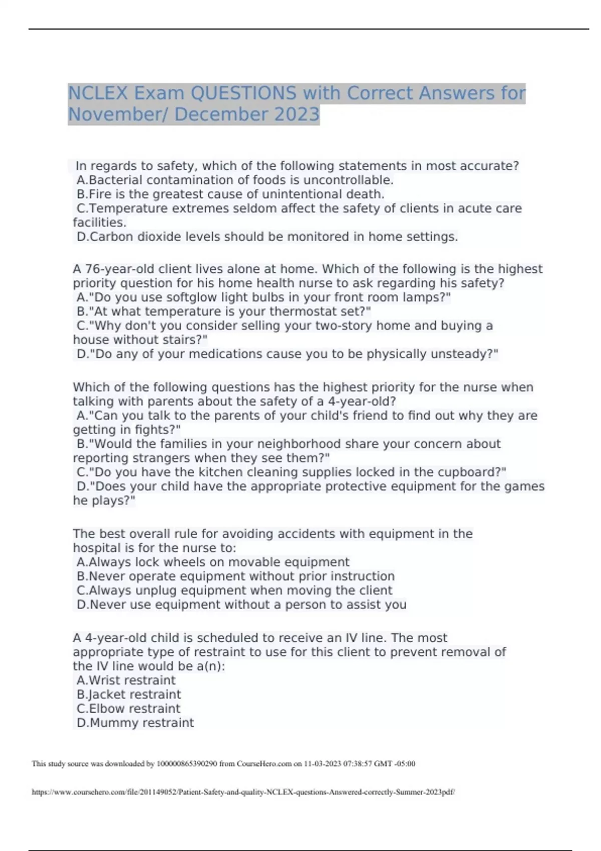 NCLEX Exam QUESTIONS with Correct Answers for November/ December 2023 ...