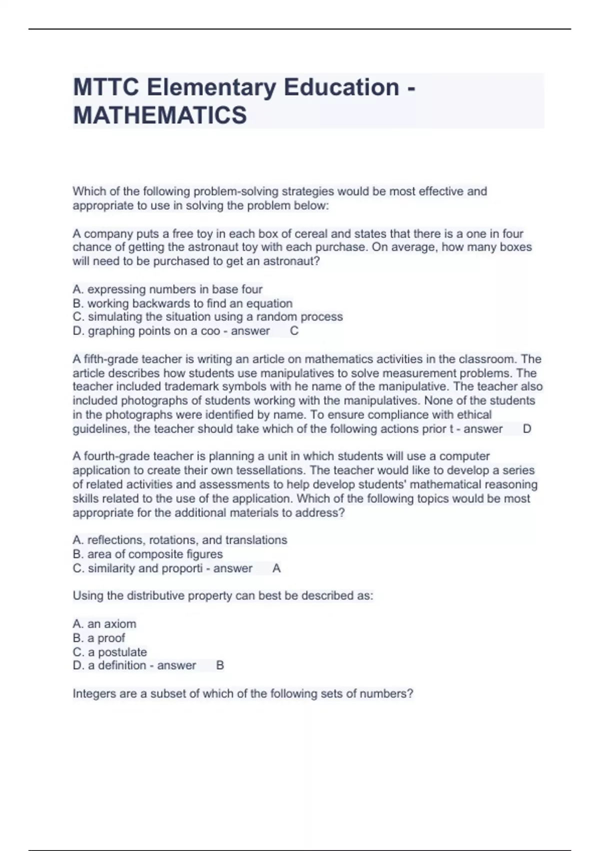 MTTC Elementary Education MATHEMATICS Questions with Rationale 2023