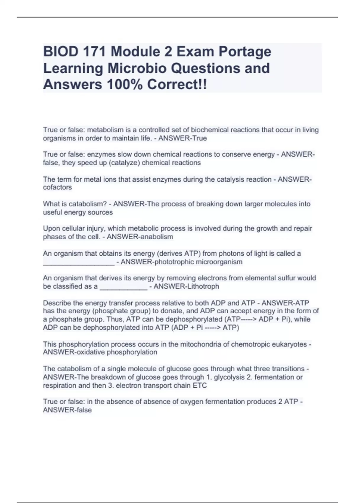 BIOD 171 Module 2 Exam Portage Learning Microbio Questions and Answers ...