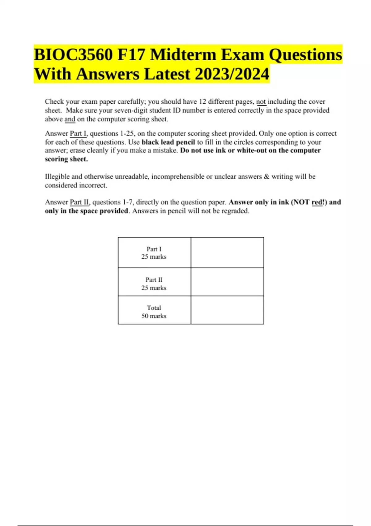 BIOC 3560 Final Exam Questions and Answers Latest Updated 2023/2024 ...