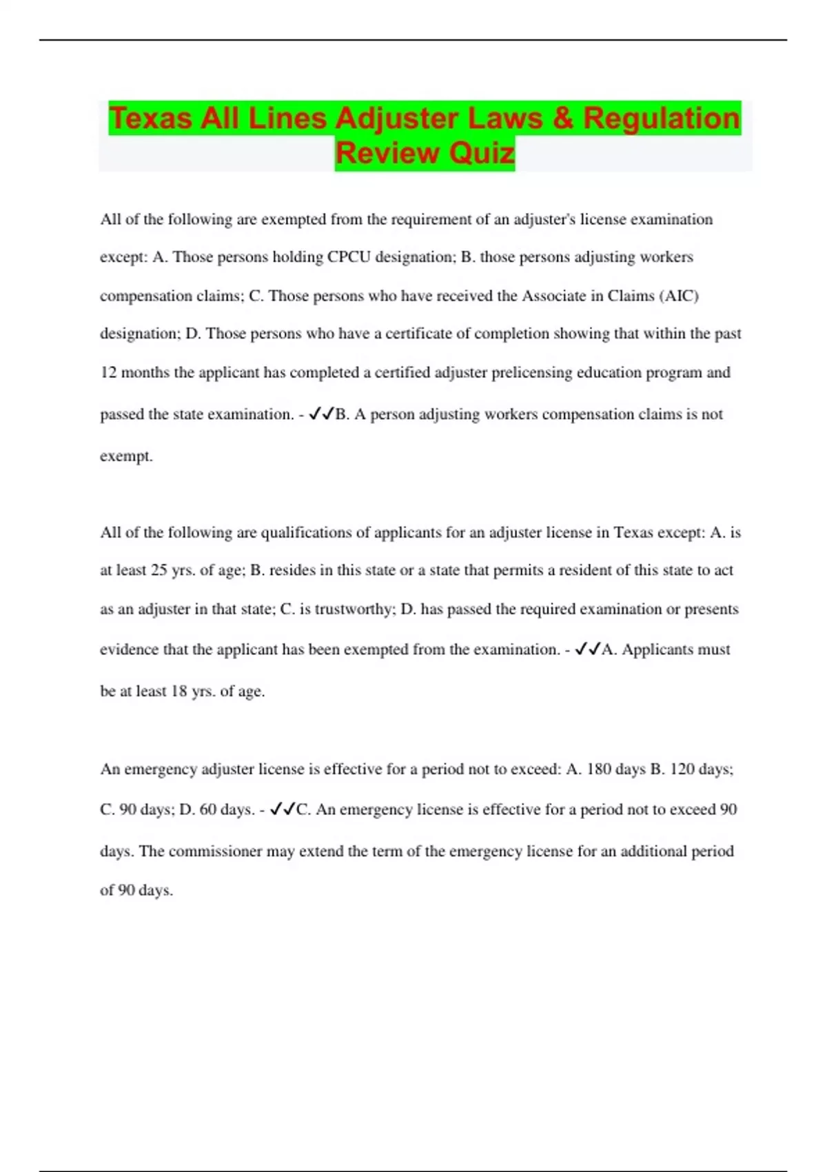 Texas All Lines Adjuster Laws & Regulation Review Quiz Questions with