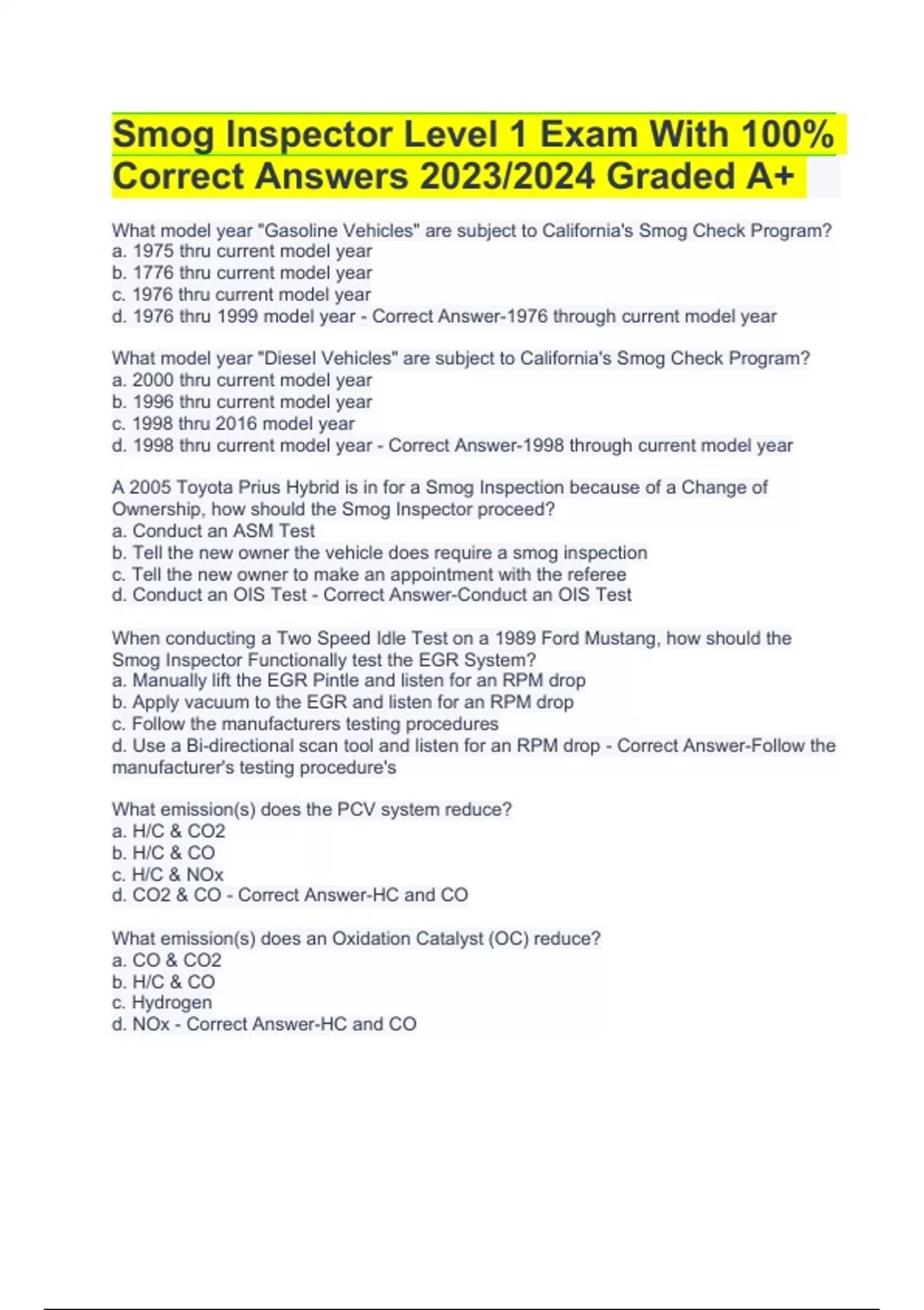 Smog Inspector Level 1 Exam With Correct Answers Latest 2023/2024 100