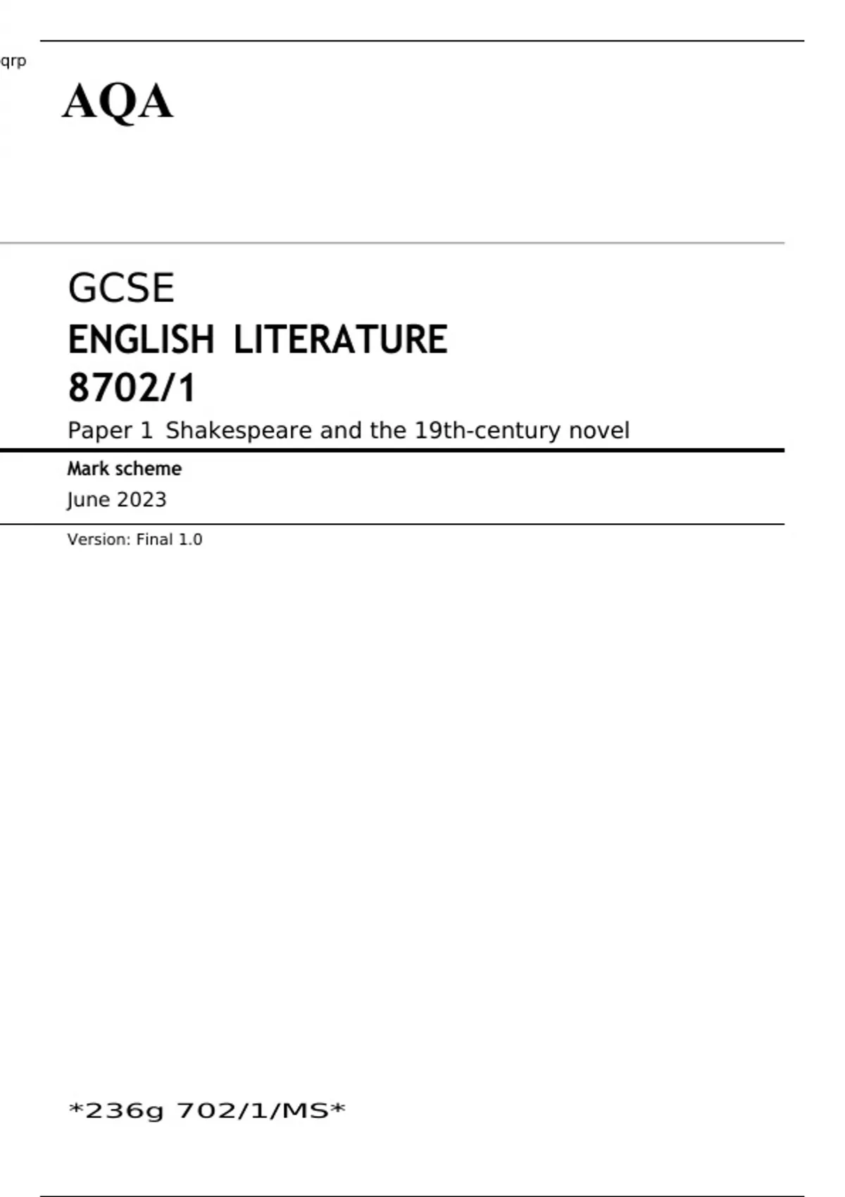 AQA GCSE ENGLISH LITERATURE Paper 1 JUNE 2023 QUESTION PAPER and MARK ...