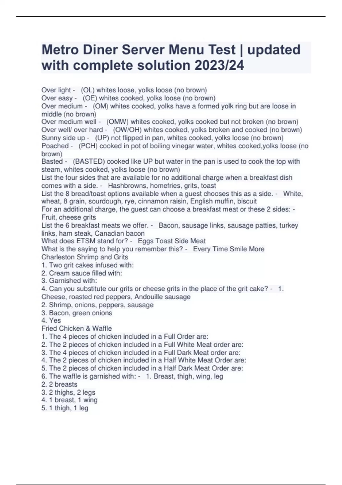 Metro Diner Server Menu Test updated with complete solution 2023/24 Metro Diner Server Menu