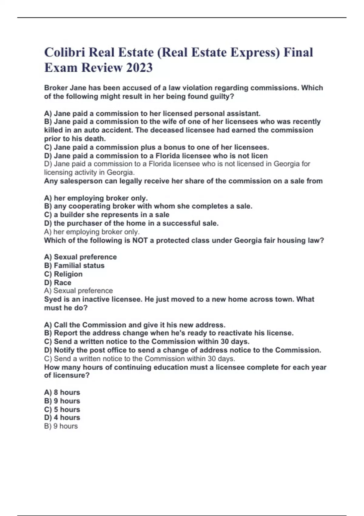 Colibri Real Estate (Real Estate Express) Final Exam Review 2023