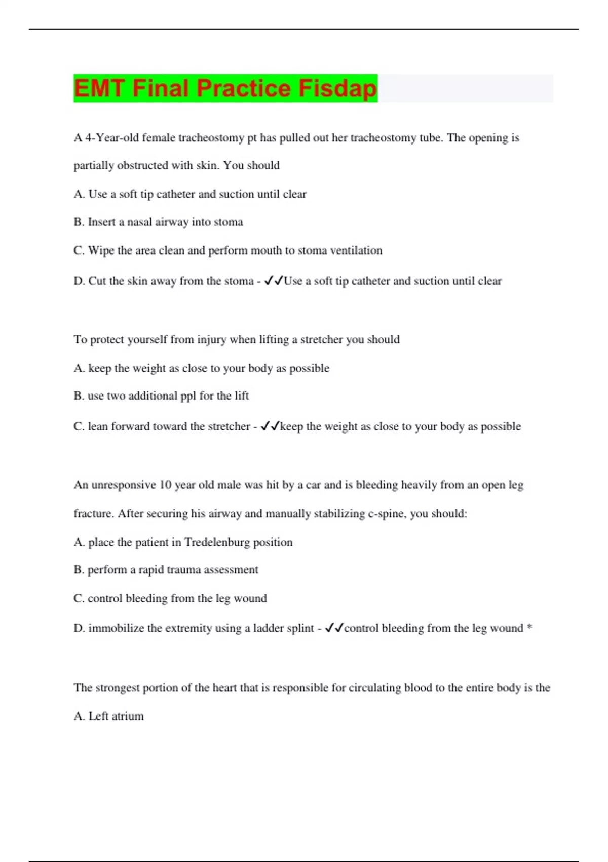 EMT Final Practice Fisdap | Questions with 100% Correct Answers ...