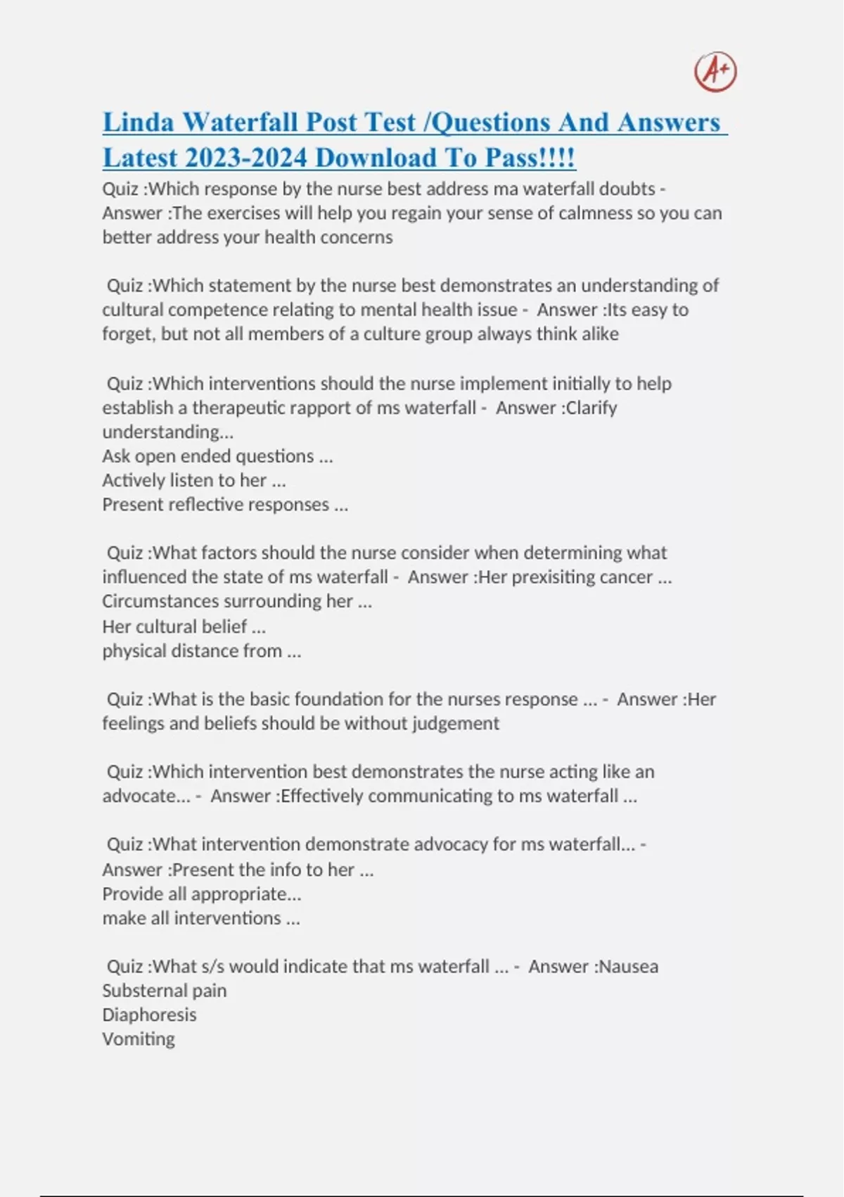 Linda Waterfall Post Test /Questions And Answers Latest Download To ...
