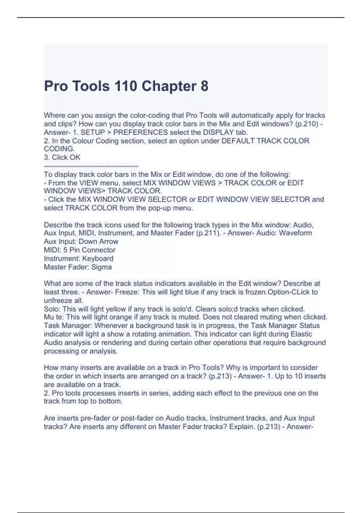Pro Tools 110 Chapter 8 Exam With Complete Solutions Pro Tools 110