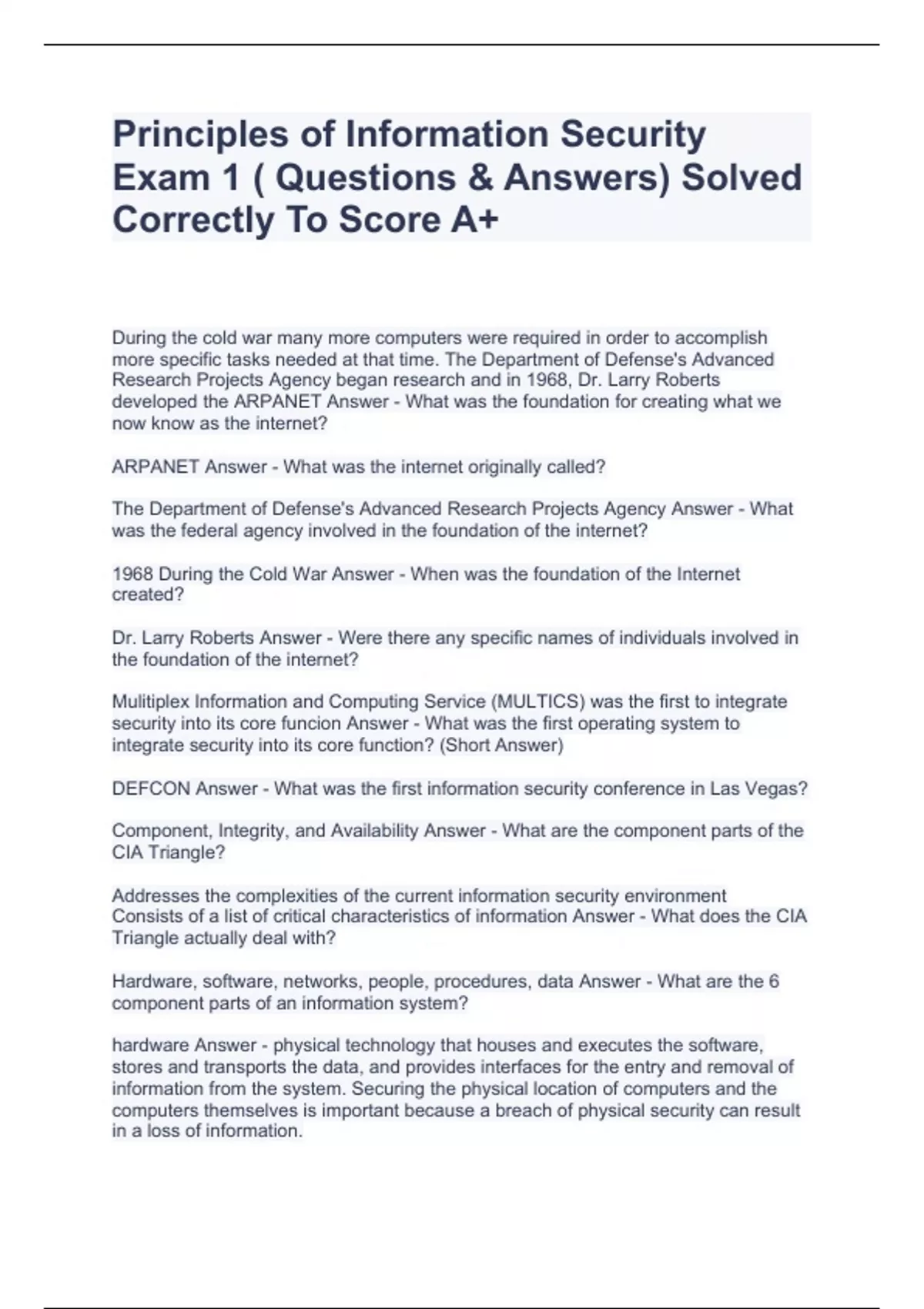 Principles of Information Security Exam 1 ( Questions & Answers) Solved ...