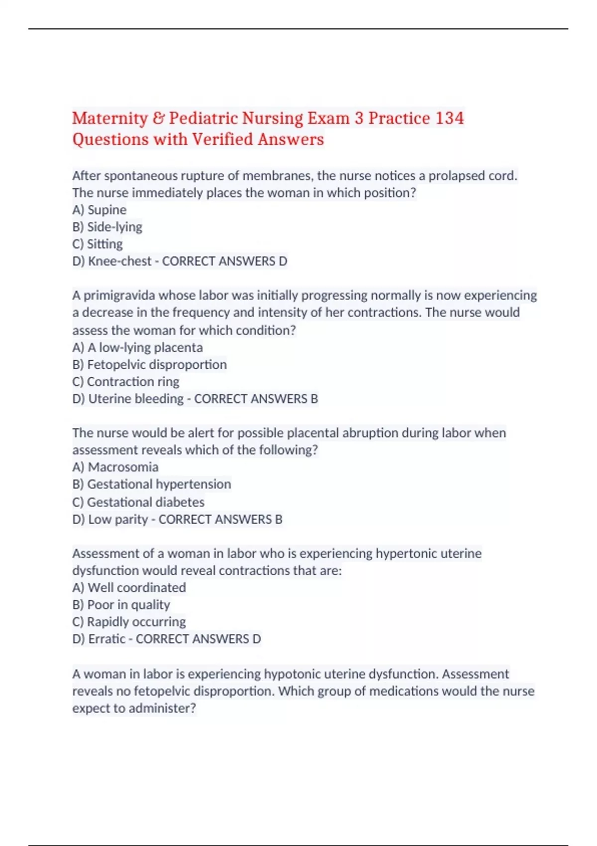 Maternity & Pediatric Nursing Exam 3 Practice 134 Questions with ...