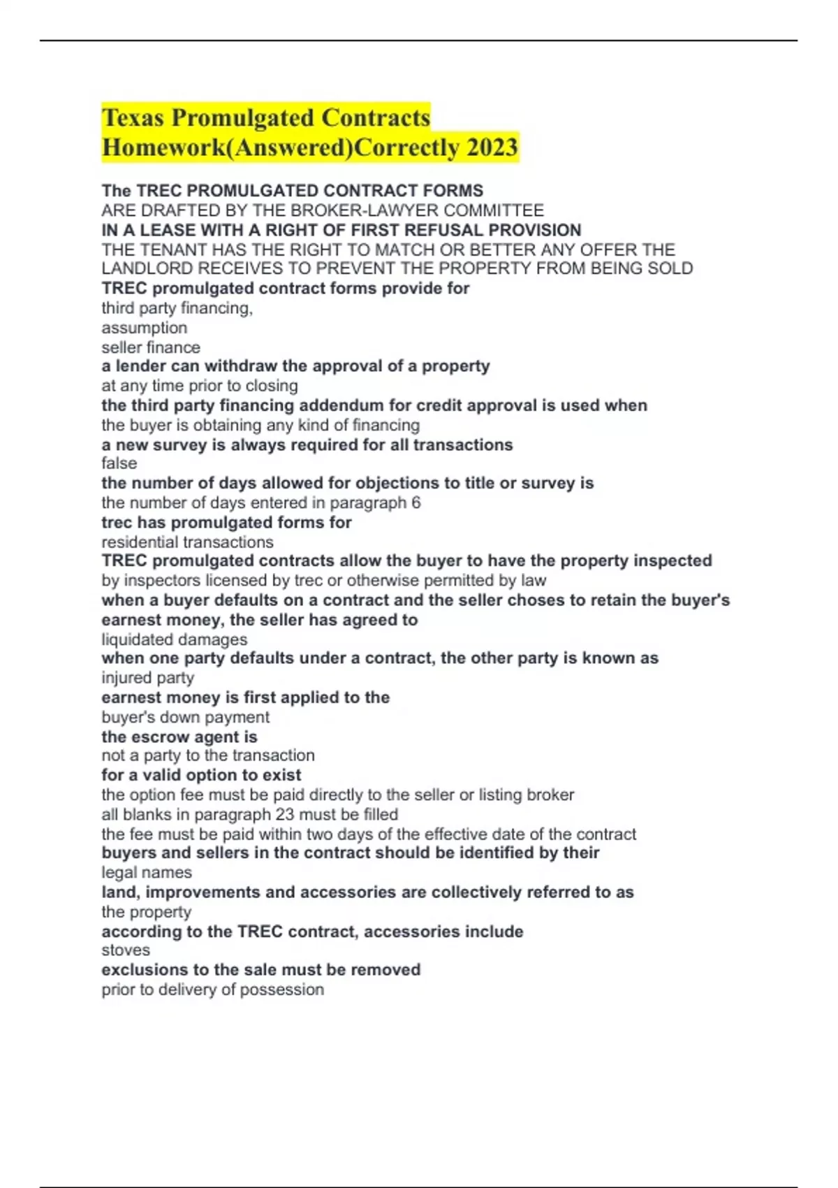 Texas Promulgated Contracts Homework(Answered)Correctly 2023 Stuvia US