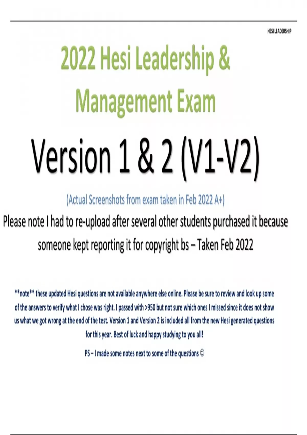 Hesi Leadership Exit Exam V1 & V2 TB Guide (Brand New!!) A++ All Q&As ...