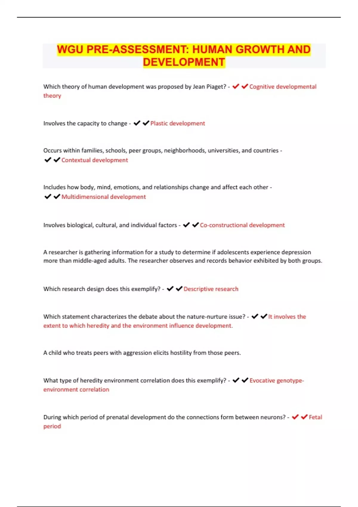 WGU PREASSESSMENT HUMAN GROWTH AND DEVELOPMENT (Top 2024/2025 EXAM