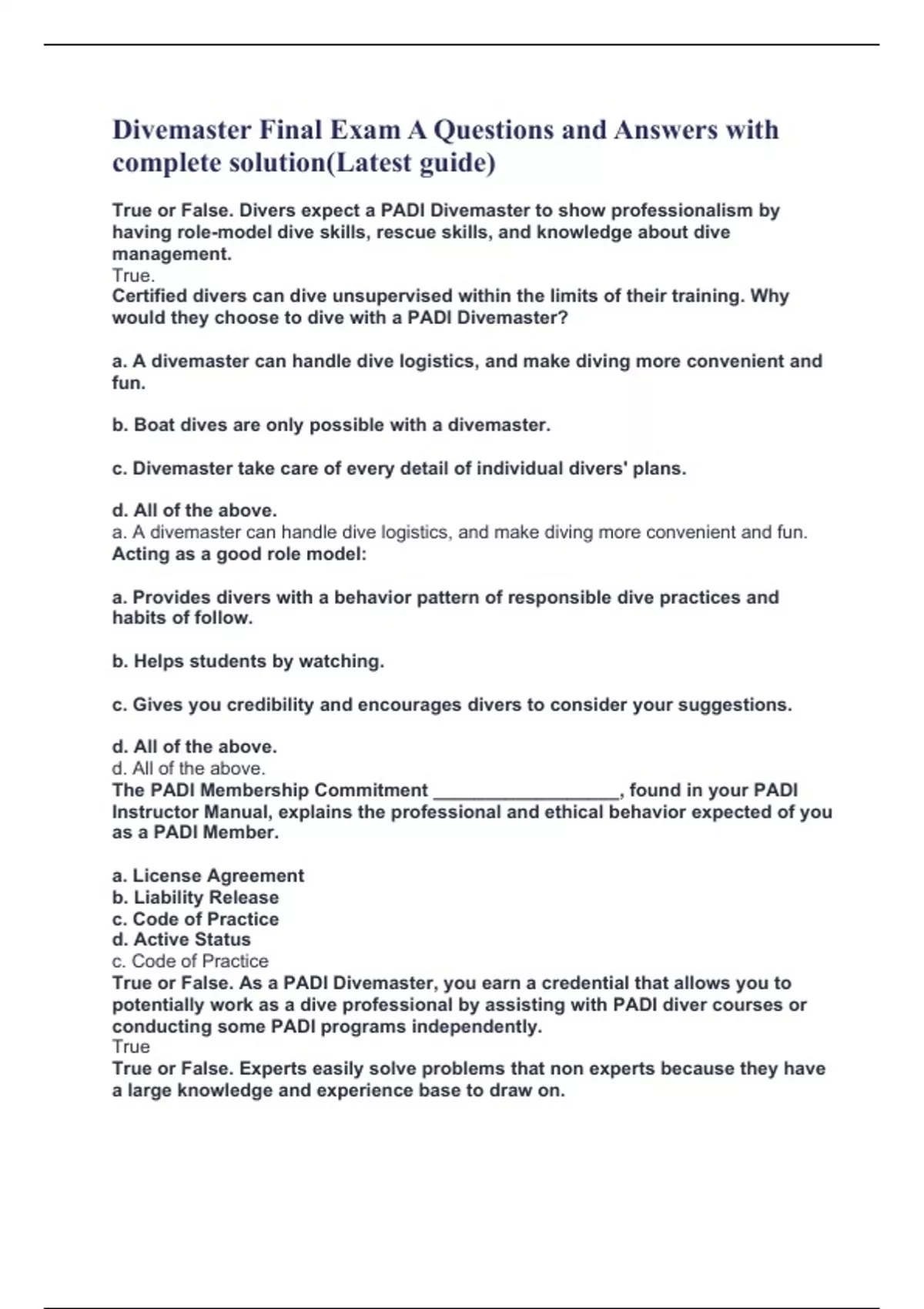 Divemaster Final Exam A Questions and Answers with complete solution
