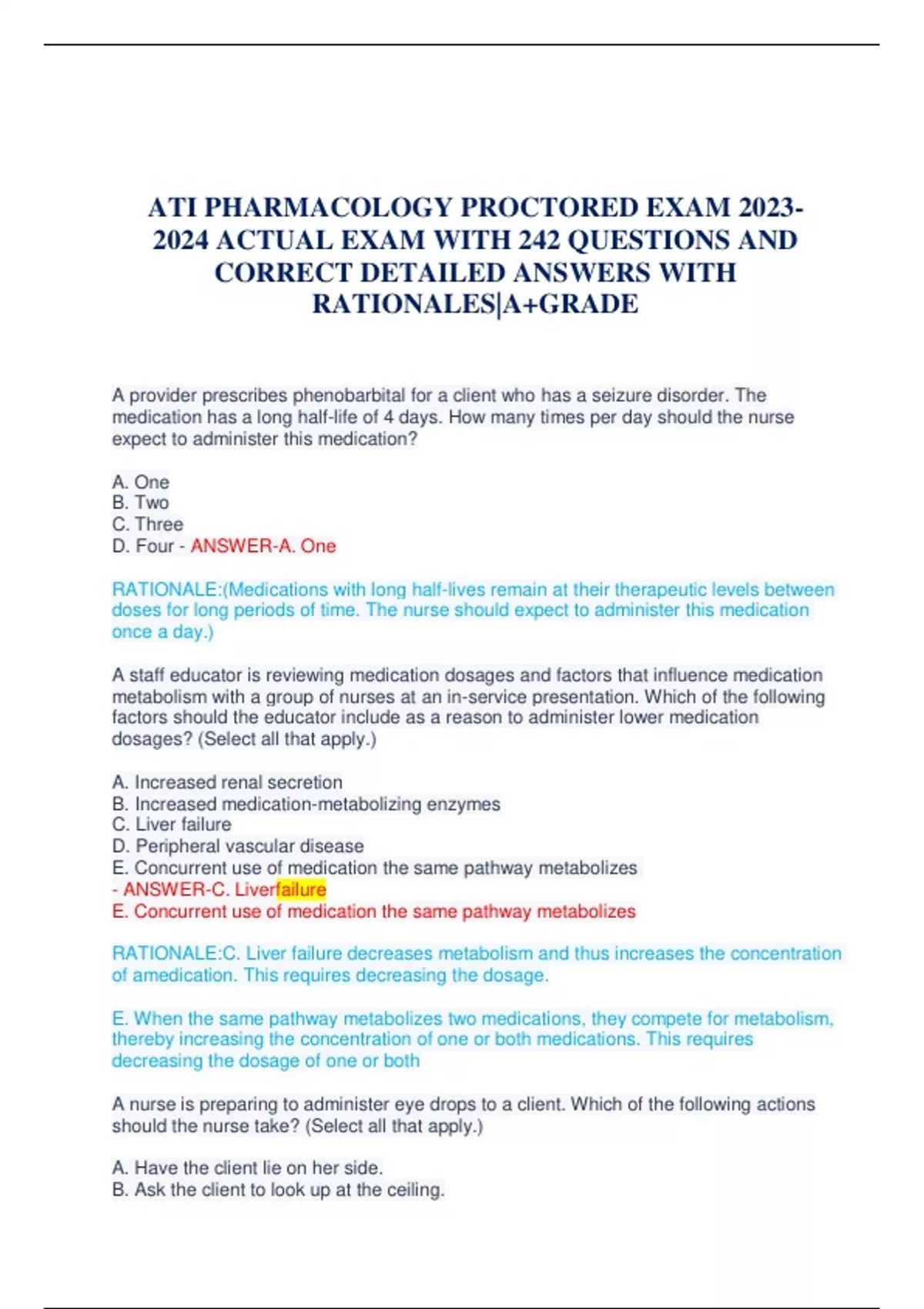 ATI PHARMACOLOGY PROCTORED EXAM ACTUAL EXAM WITH 242 QUESTIONS AND ...