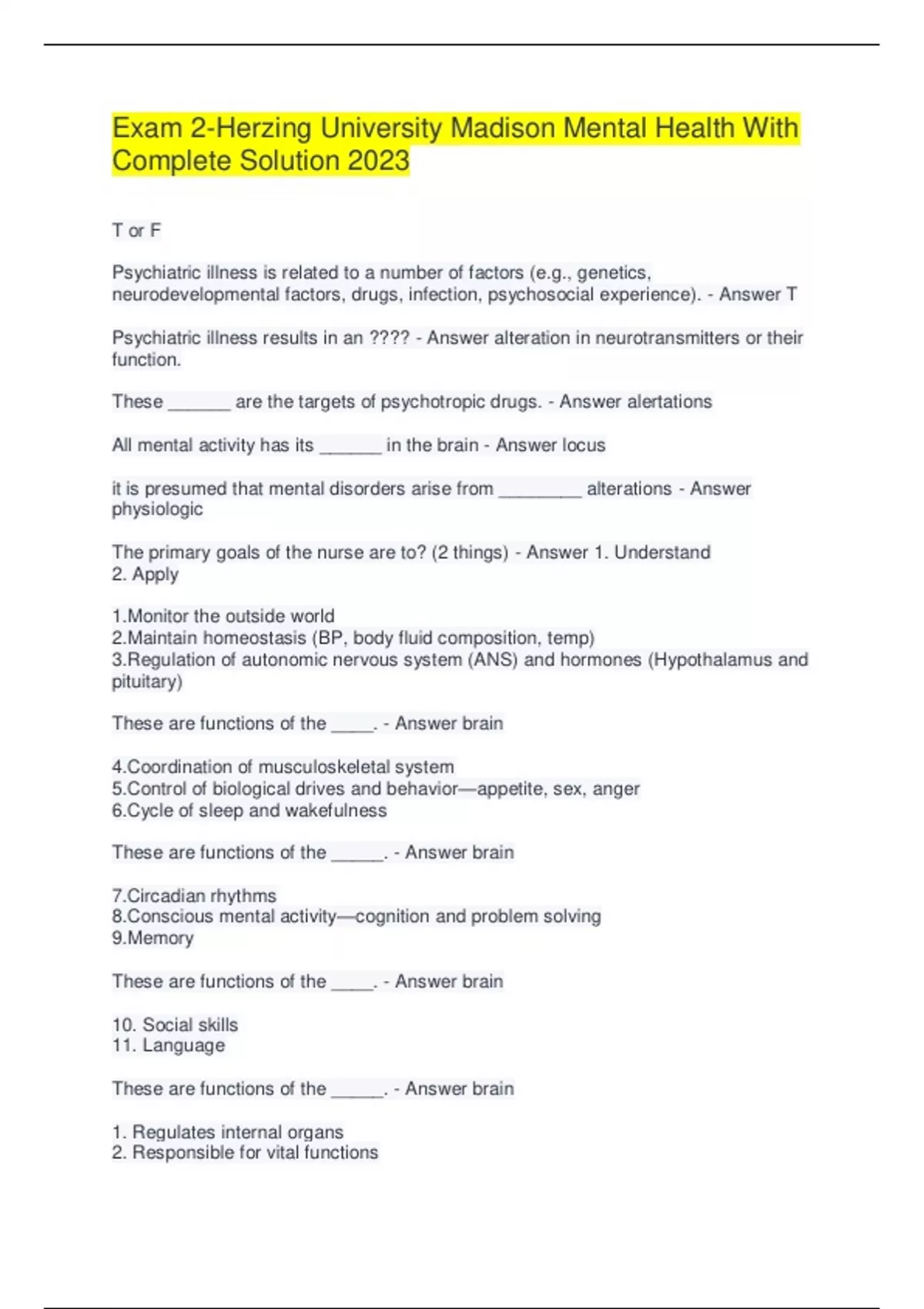 Exam 2-Herzing University Madison Mental Health With Complete Solutions ...
