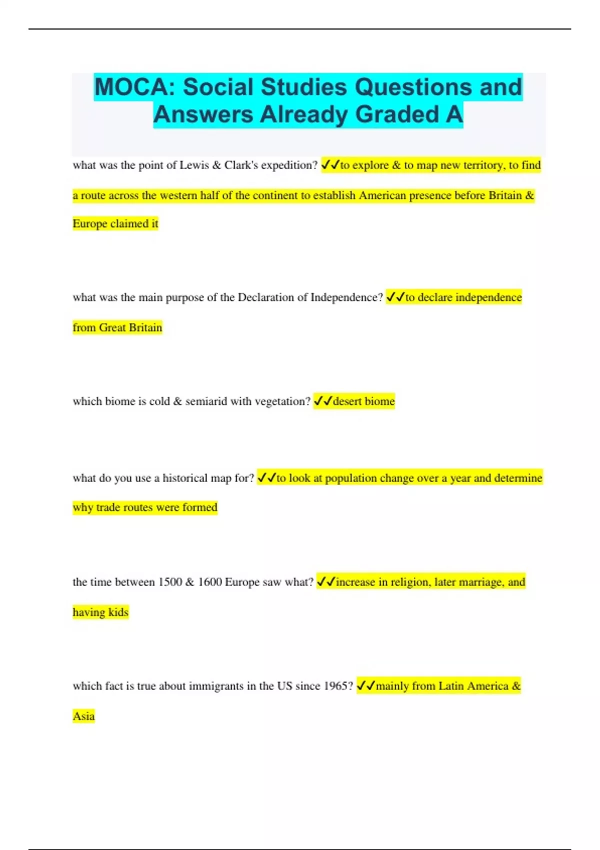MOCA Social Studies Questions and Answers Already Graded A MOCA