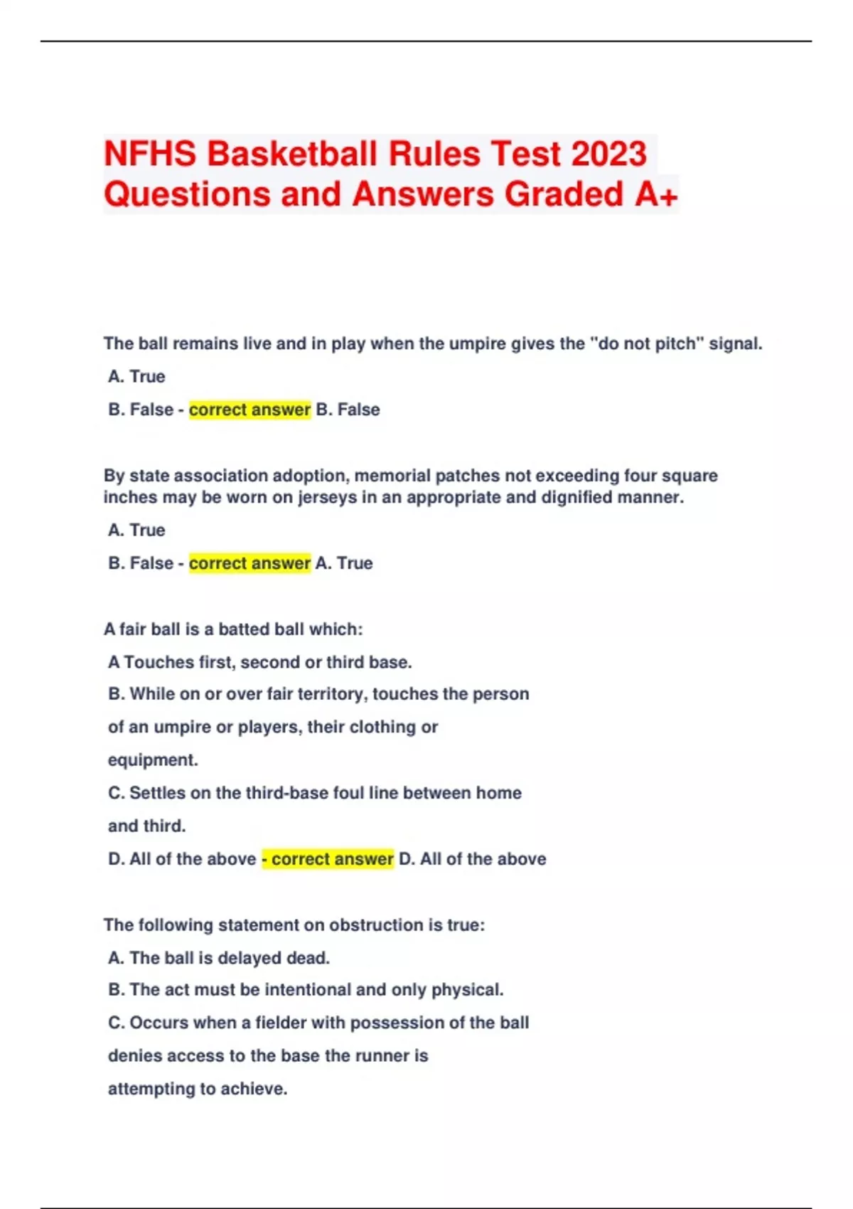 NFHS Basketball Rules Test 2023 Questions and Answers Graded A+ NFHS