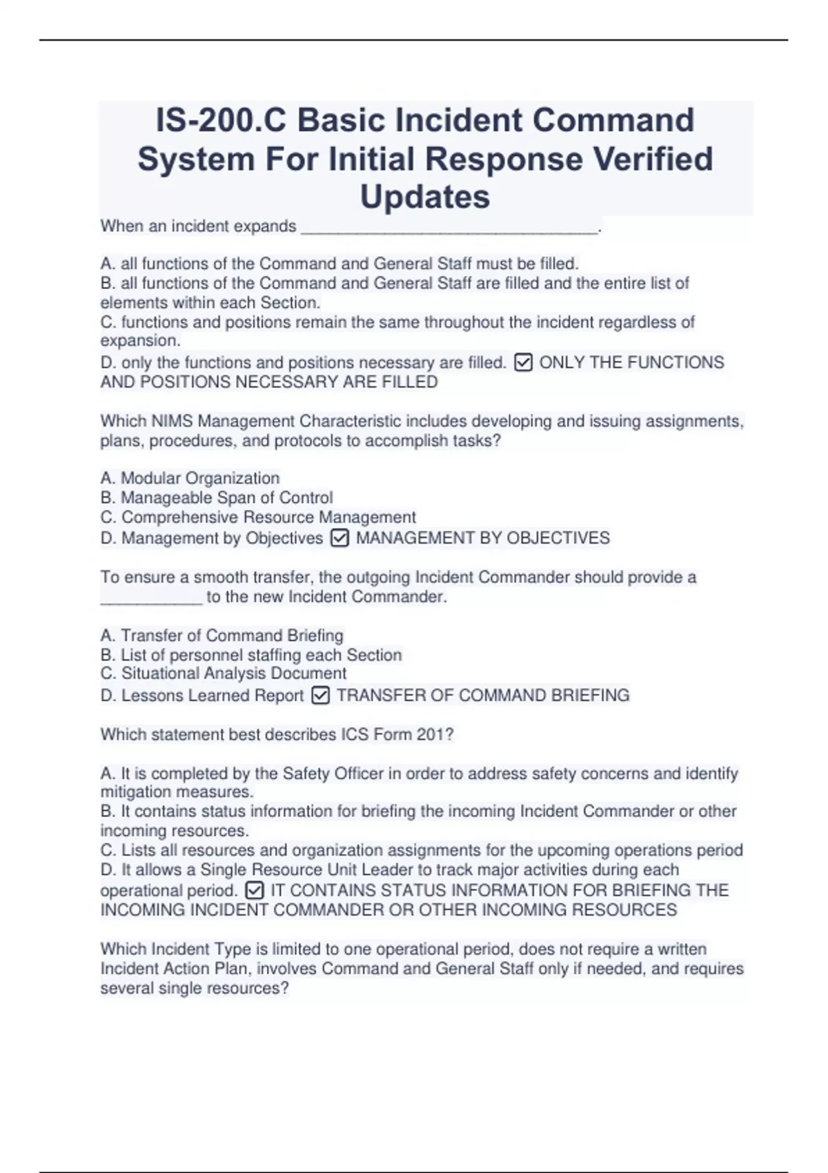 IS-200.C Basic Incident Command System For Initial Response Verified ...