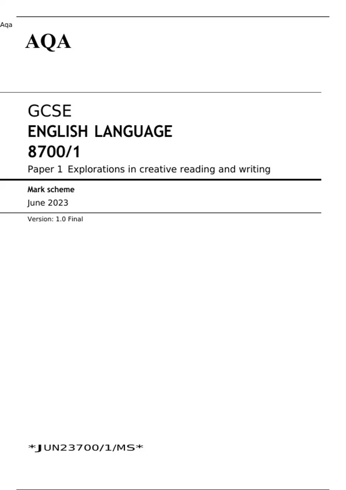 AQA GCSE ENGLISH LANGUAGE Paper 1 JUNE 2023 QUESTION PAPER and MARK ...
