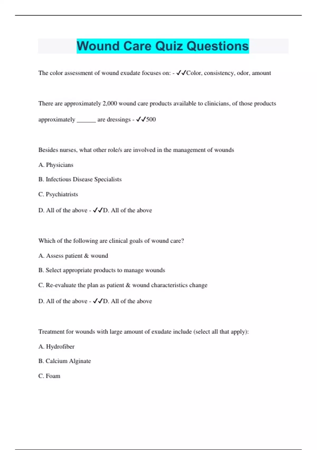 Wound Care Questions with 100 Correct Answers Latest Update 2024