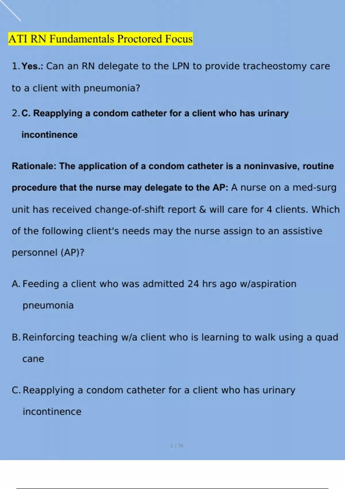 RN Fundamentals Proctored ATI Final Exam Questions and Answers ...