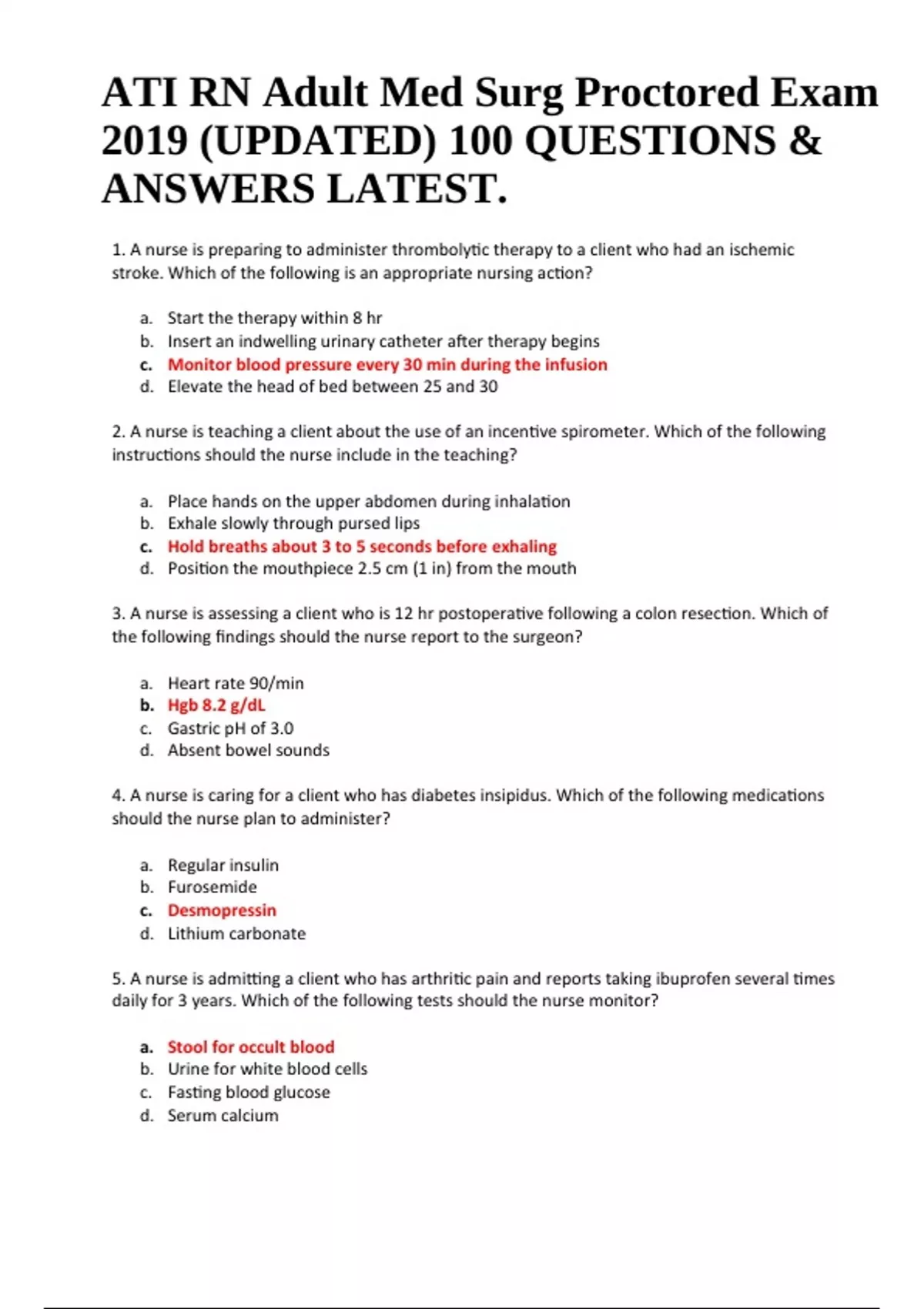 ATI RN Adult Med Surg Proctored Exam 2019 (UPDATED) 100 QUESTIONS ...