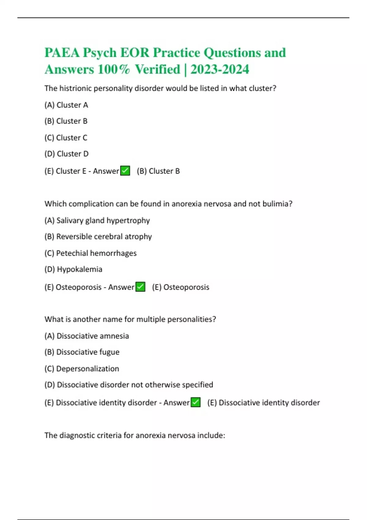 PAEA Psych EOR Practice Questions and Answers 100 Verified PAEA