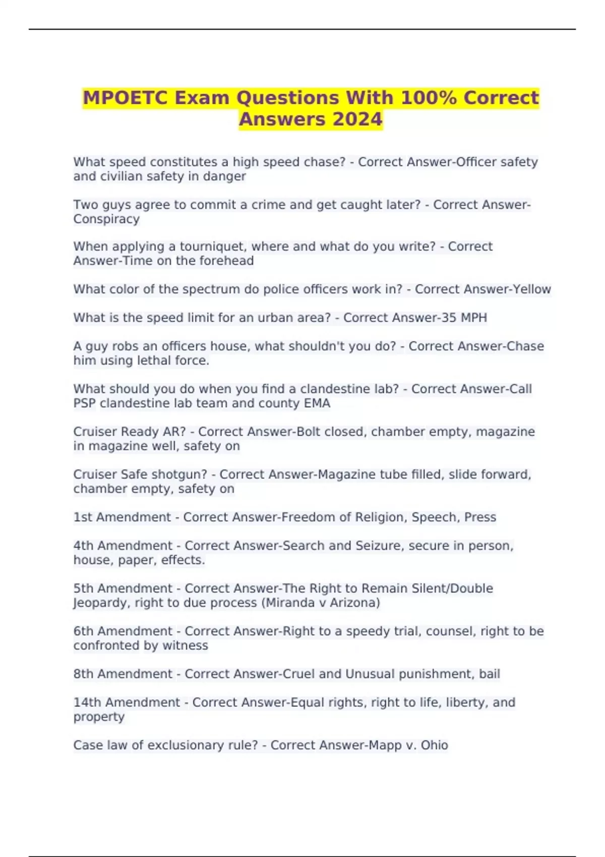 MPOETC Exam Questions With 100 Correct Answers 2024 MPOETC Stuvia US