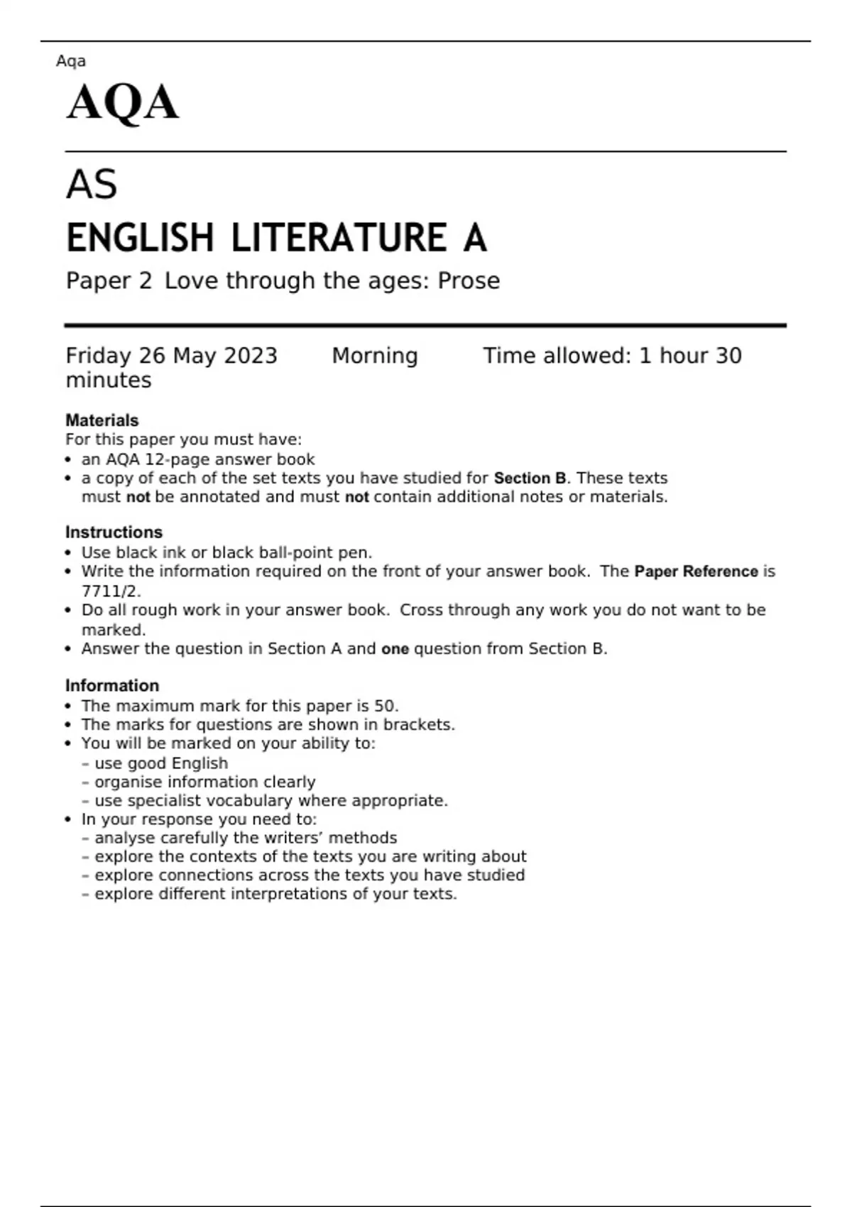 AQA AS ENGLISH LITERATURE A Paper 1 and 2 JUNE 2023 QUESTION PAPERS AND ...