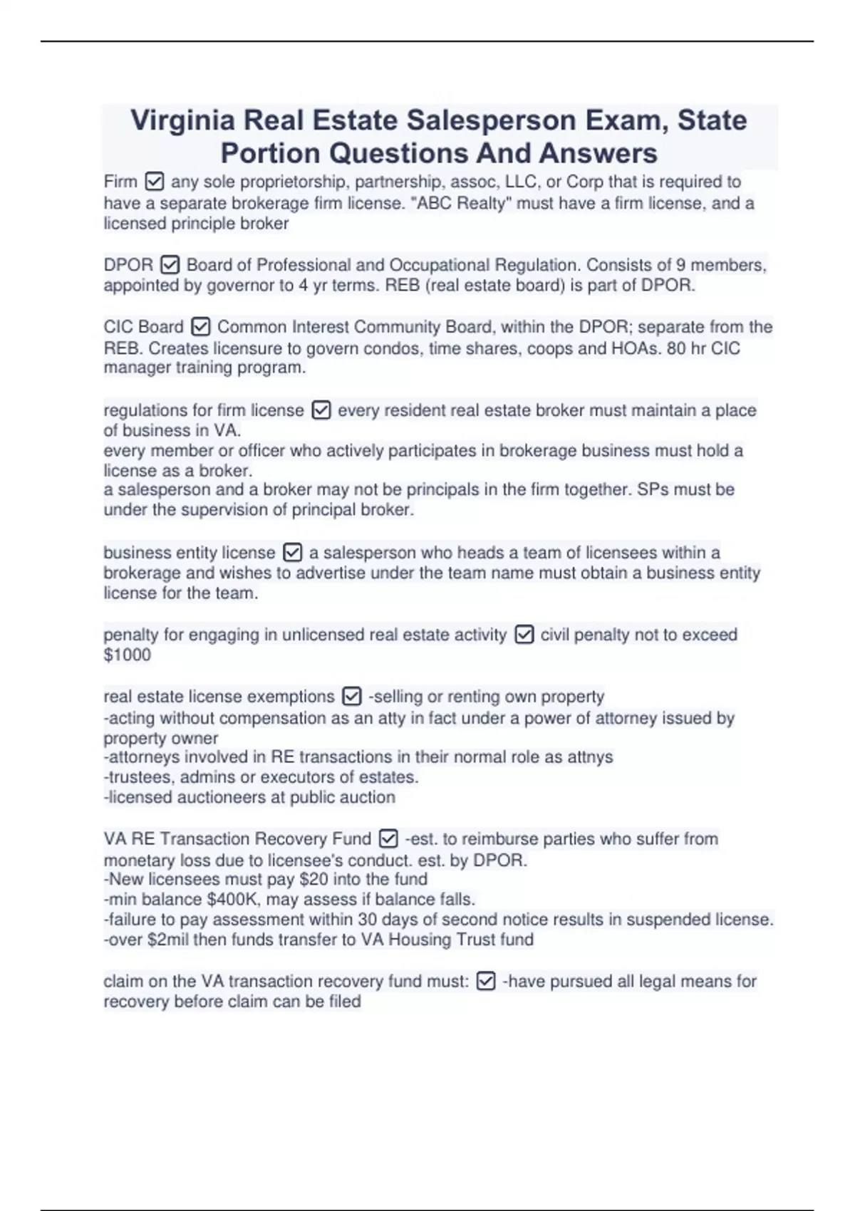 Virginia Real Estate Salesperson Exam, State Portion Questions And
