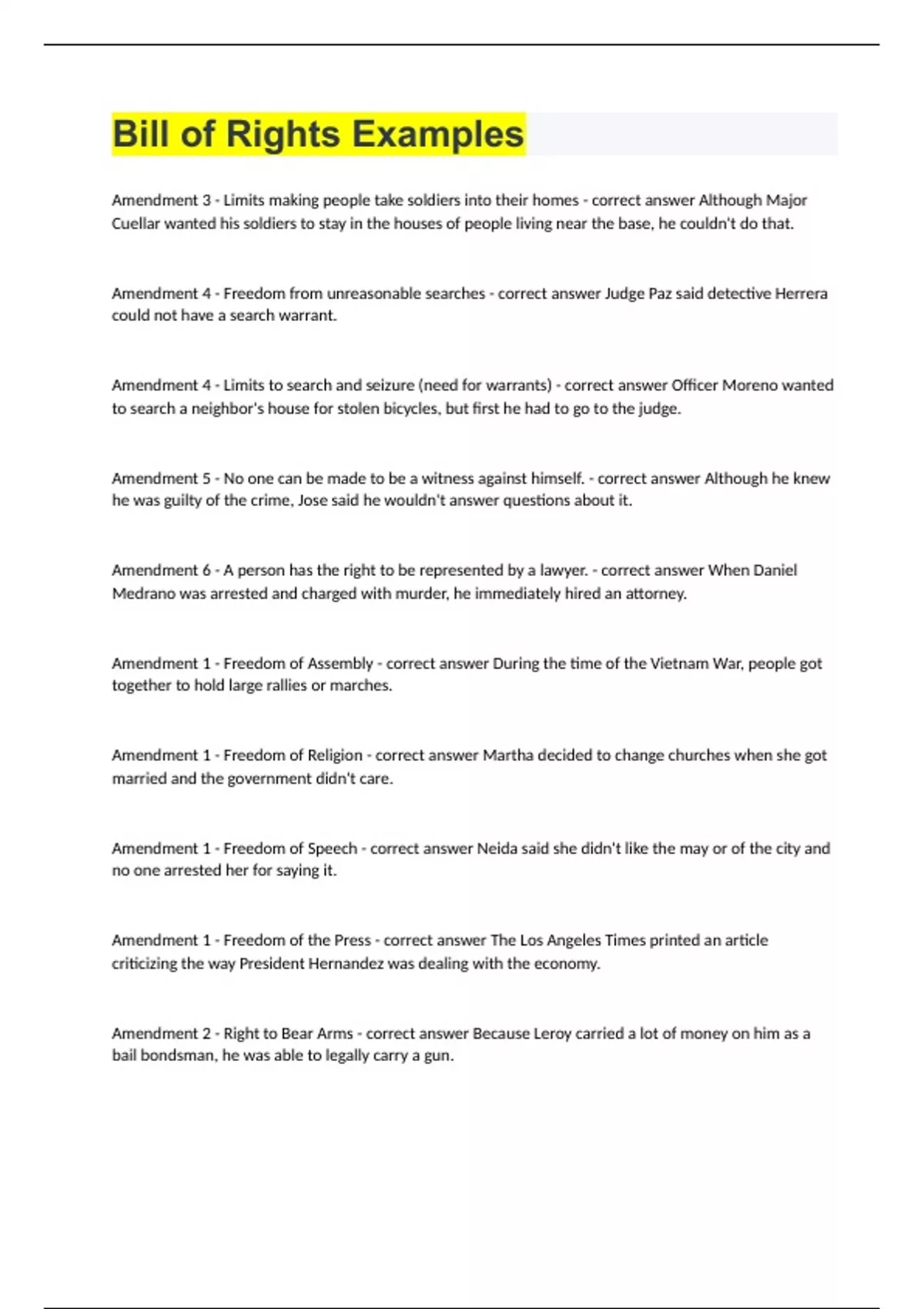 Bill of Rights Examples Stuvia US