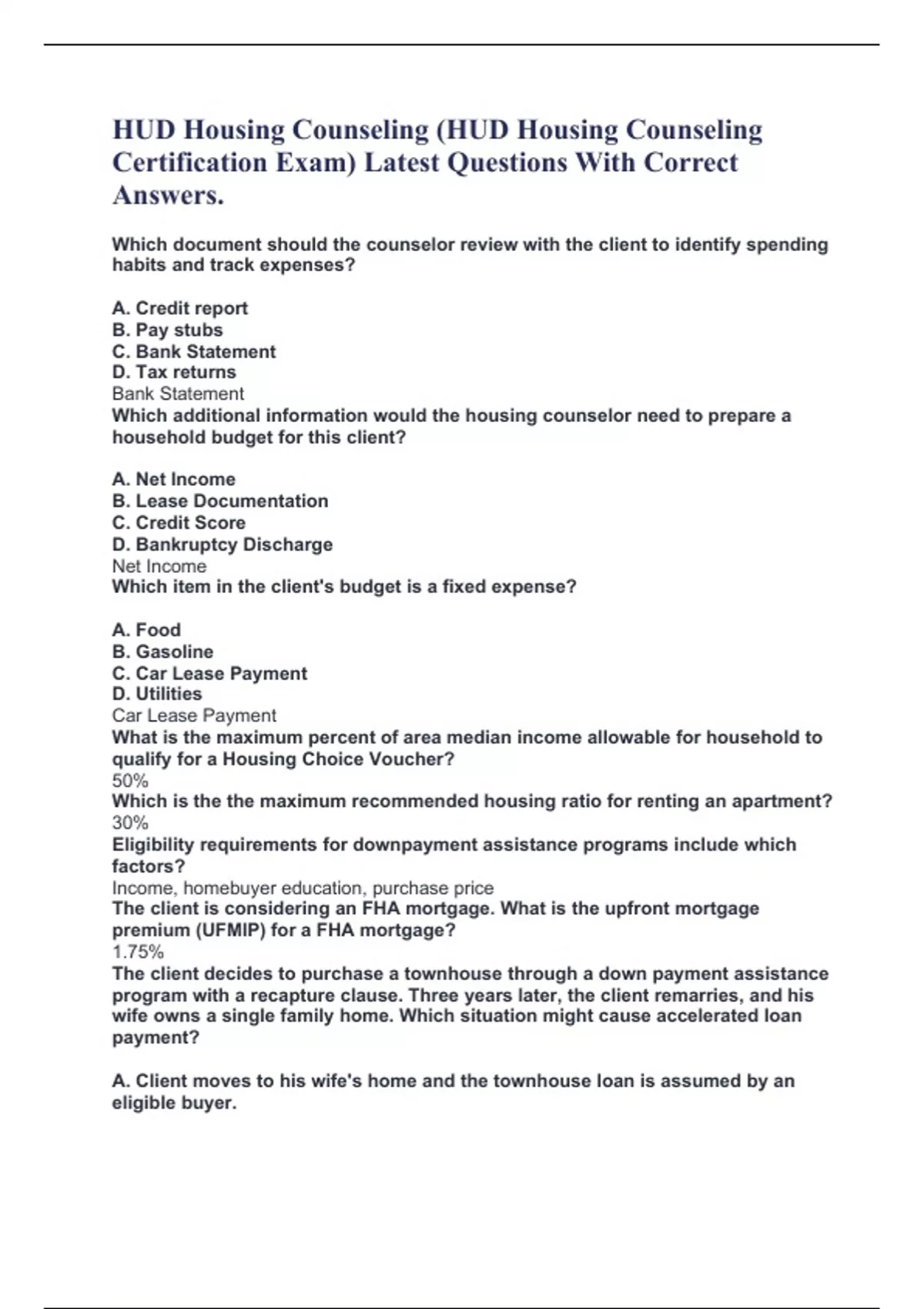 HUD Housing Counseling (HUD Housing Counseling Certification Exam