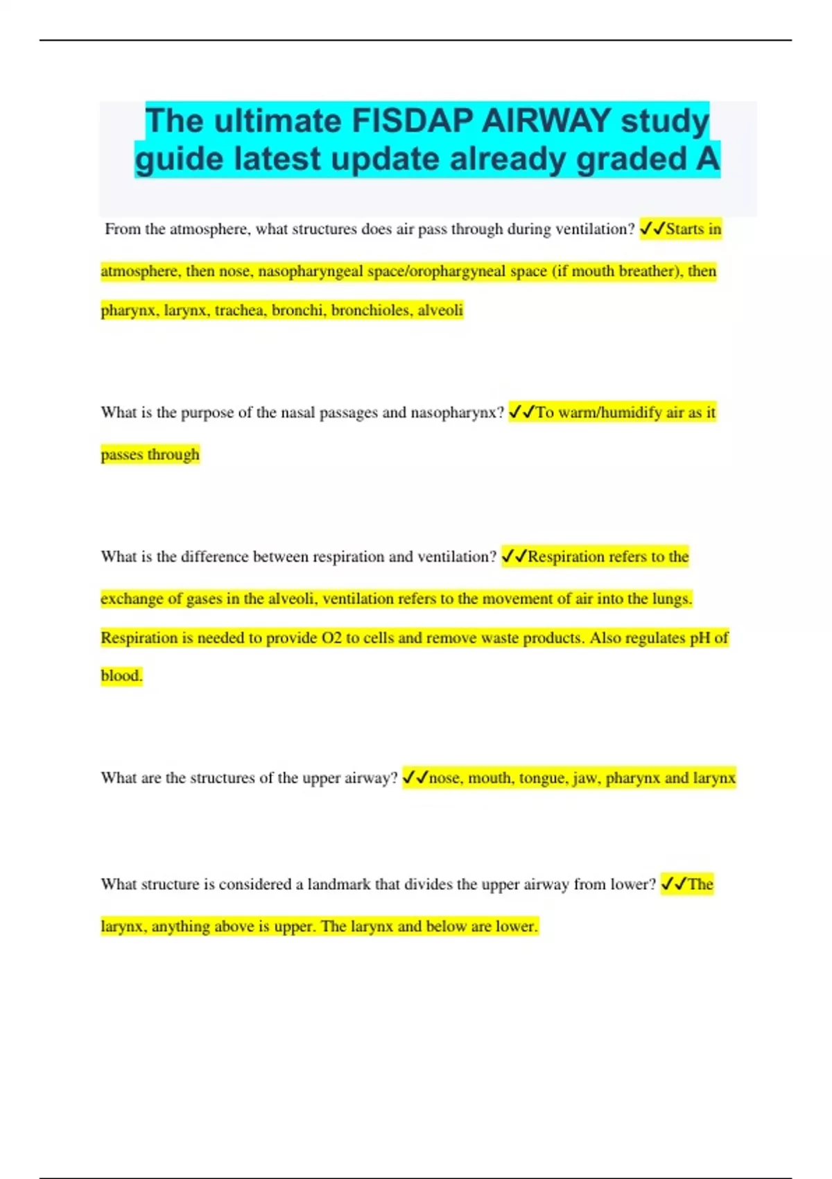 The ultimate FISDAP AIRWAY study guide latest update already graded A ...