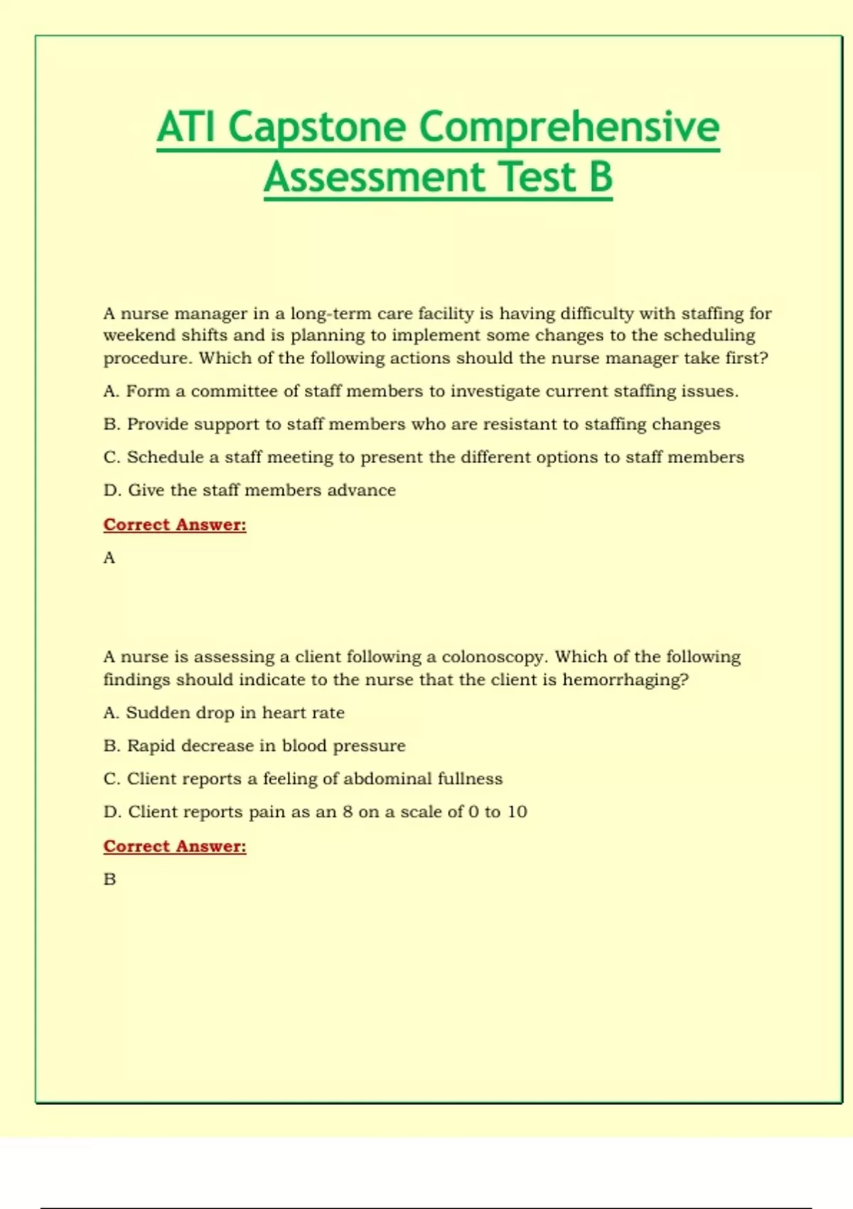 ATI Capstone Comprehensive Assessment Proctored Test B Questions