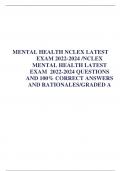 TEST BANK FOR MENTAL HEALTH NCLEX LATEST  EXAM 2023-2024 &sol;NCLEX  MENTAL HEALTH LATEST  EXAM 2023-2024 QUESTIONS  AND 100&percnt; CORRECT ANSWERS AND RATIONALES&sol;GRADED A