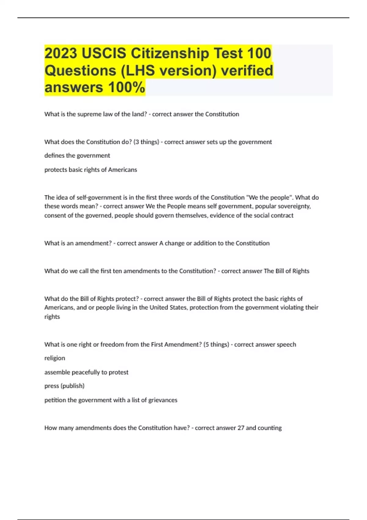 2023 USCIS Citizenship Test 100 Questions (LHS version) verified