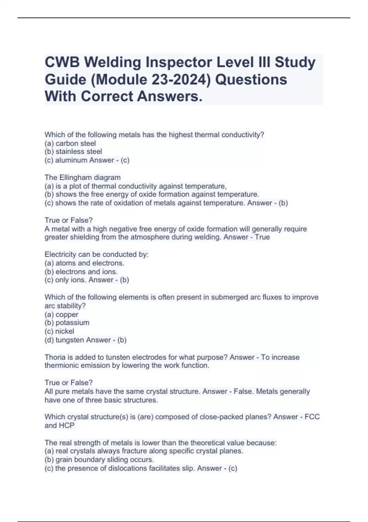 CWB Welding Inspector Level III Study Guide (Module 23-2024) Questions ...
