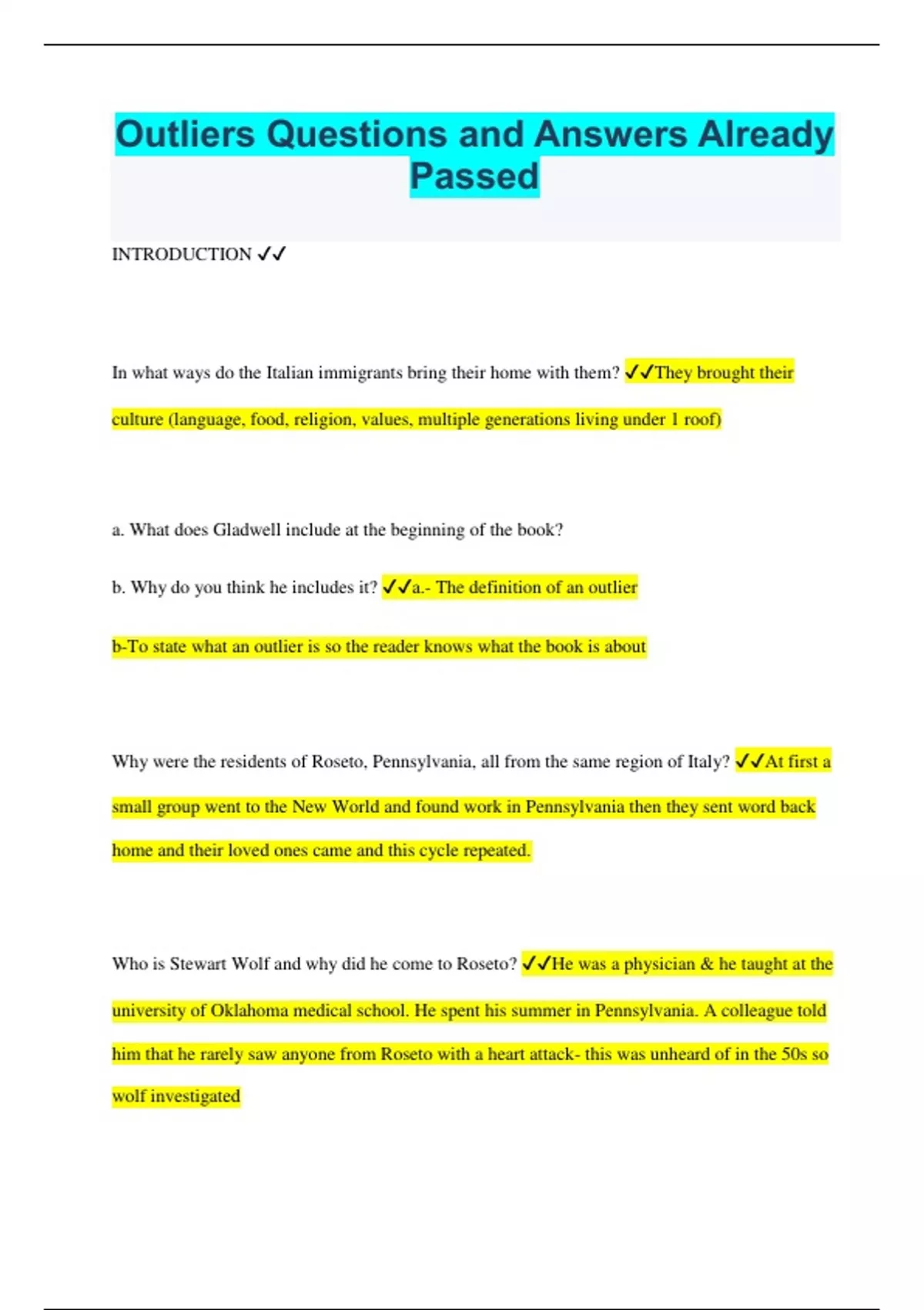 Outliers Bundled Exams Questions and Answers Latest Versions (2023/2024) and Accurate