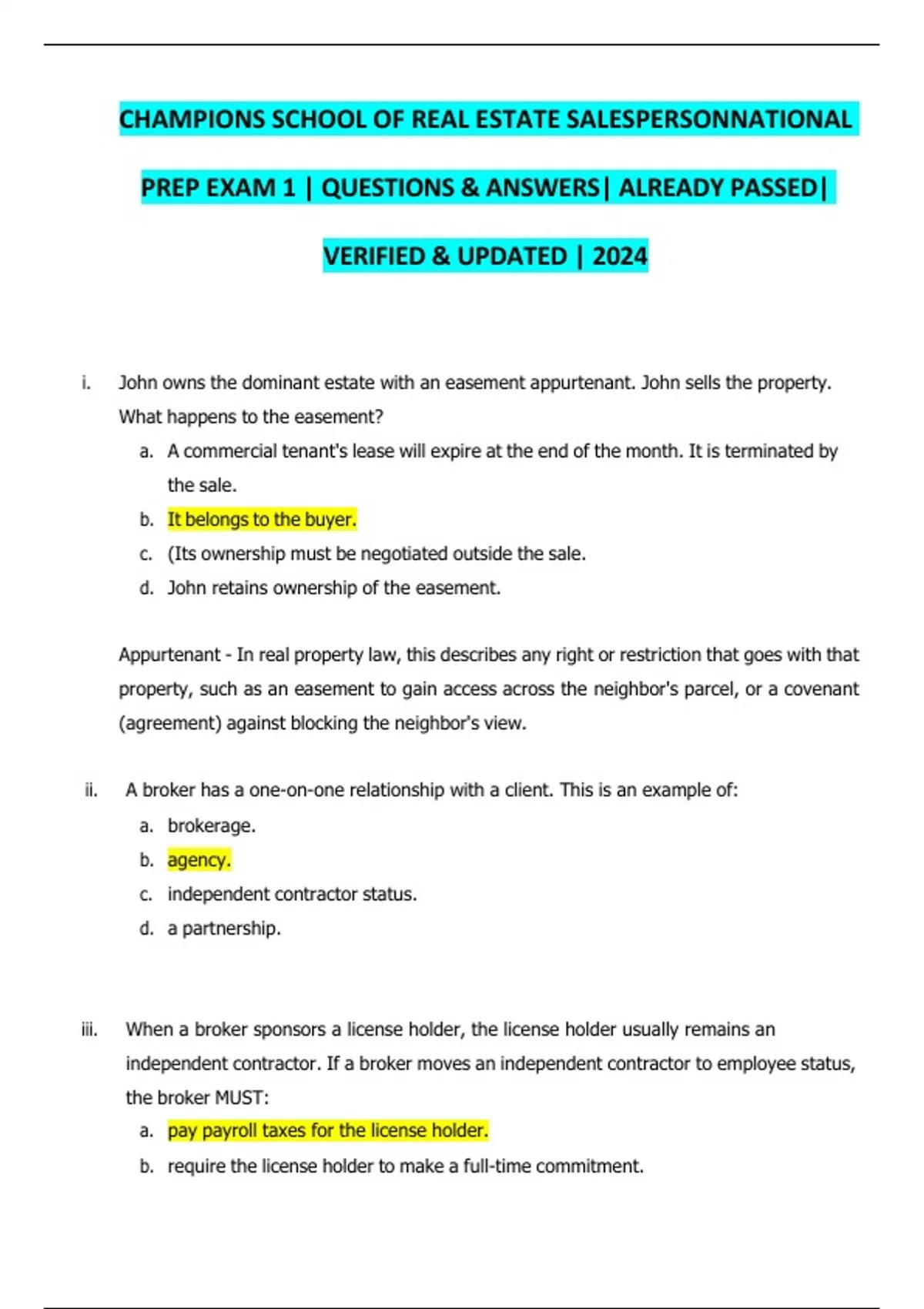 CHAMPIONS SCHOOL OF REAL ESTATE SALESPERSONNATIONAL PREP EXAM 1