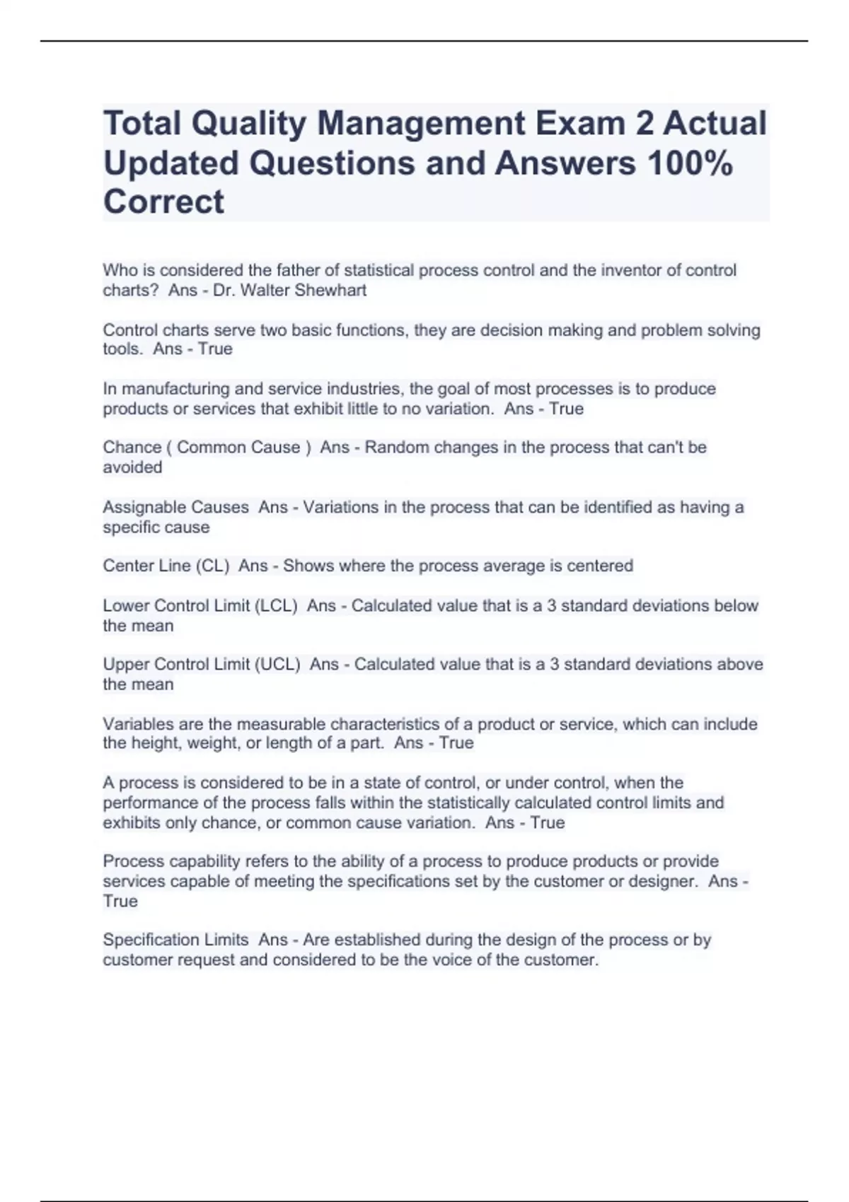 Total Quality Management Exam 2 Actual Updated Questions and Answers