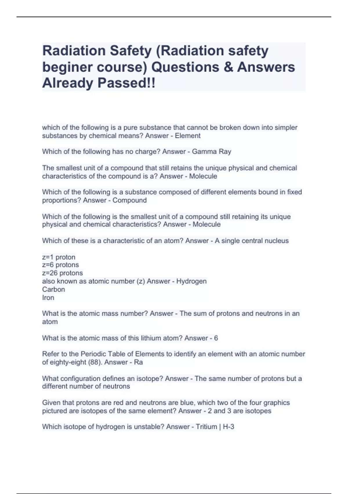 Radiation Safety (Radiation safety beginer course) Questions & Answers Already Passed!! ALMS