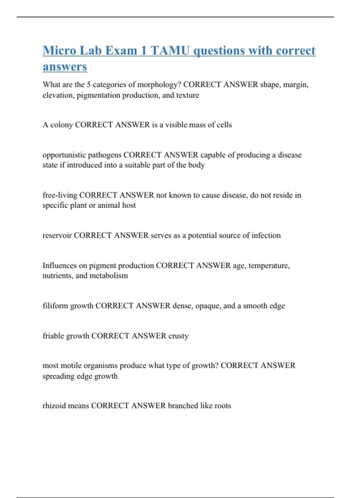 Micro Lab Exam 1 TAMU questions with correct answers Introduction To