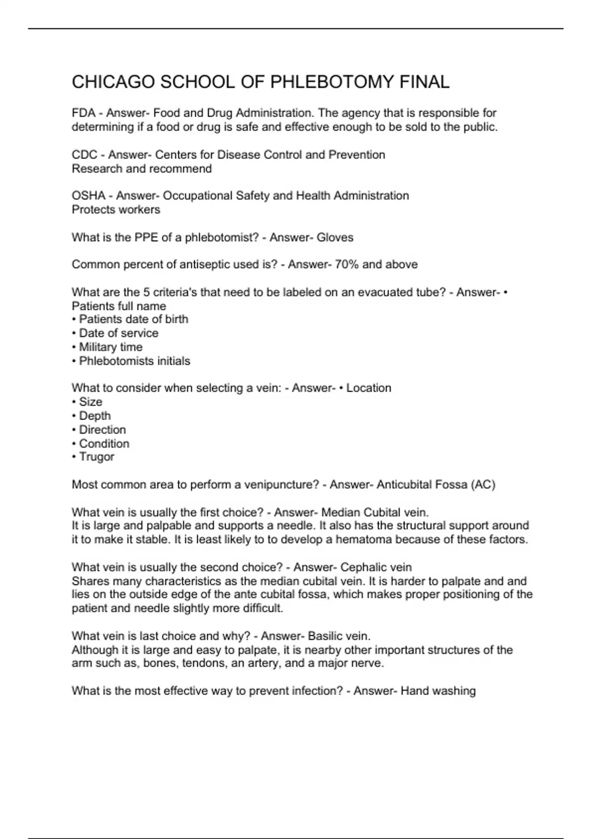 Chicago school of phlebotomy final Stuvia US