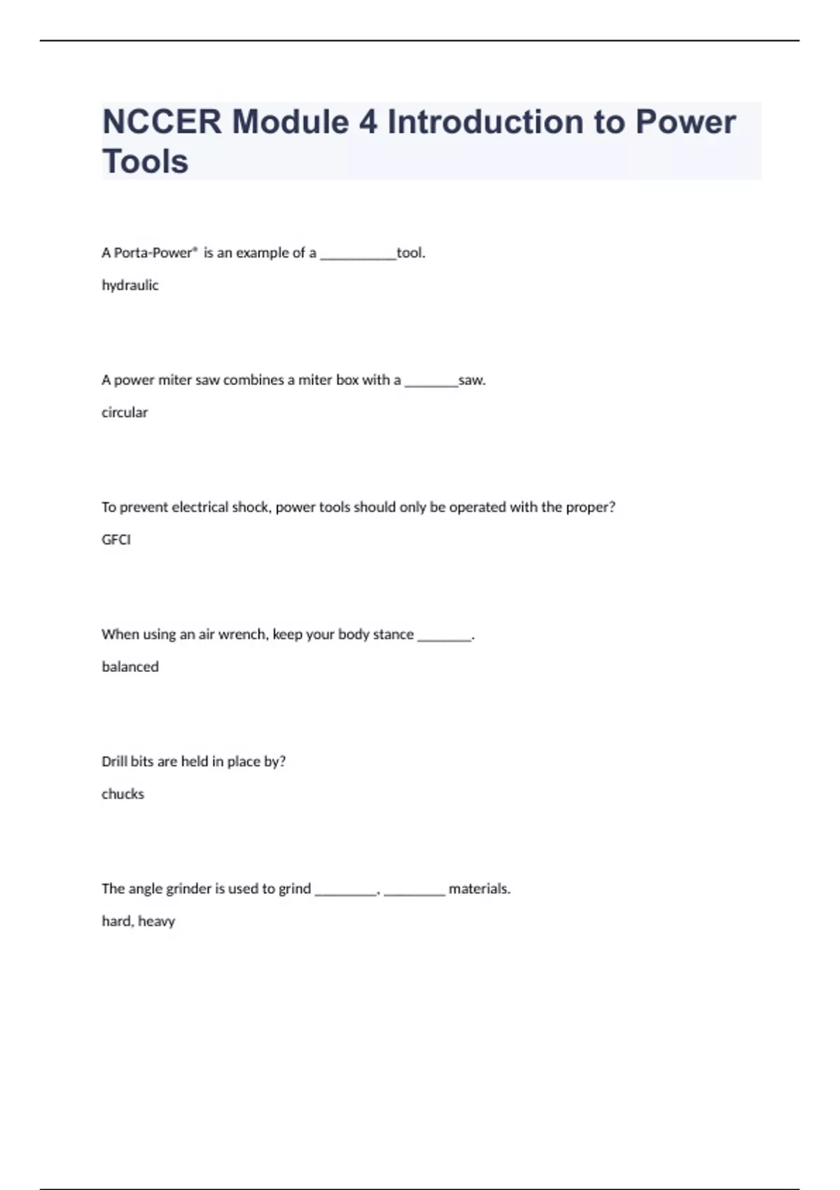 NCCER Module 4 Introduction to Power Tools fully solved to pass NCCER