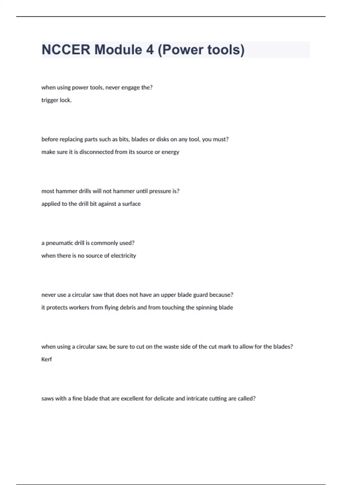 NCCER Module 4 (Power tools) question n answers rated A+ 2023/2024