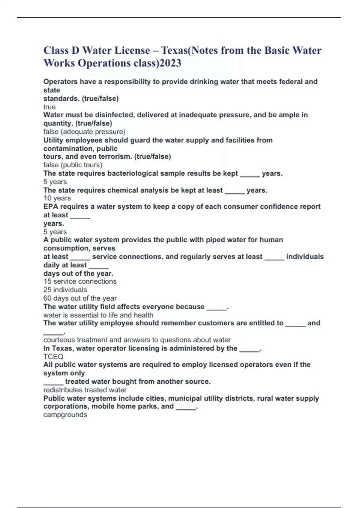 Class D Water License Texas(Notes from the Basic Water Works