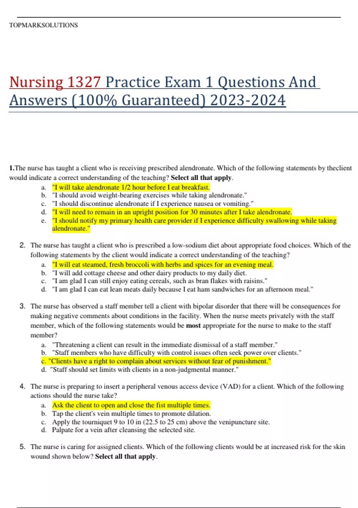 Nursing 1327 Practice Exam 1 Questions And Answers (100% Guaranteed ...