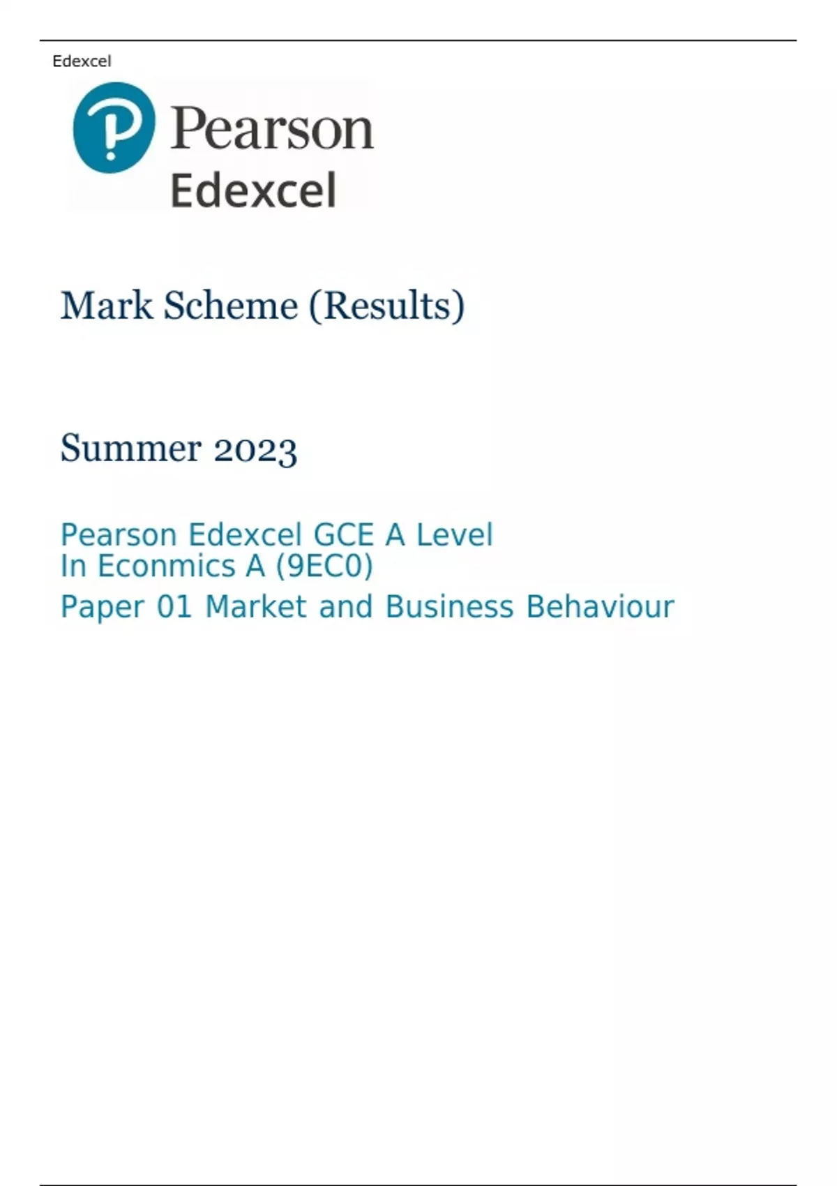 Pearson Edexcel Level 3 GCE Economics A Advanced PAPER 1 JUNE 2023 ...